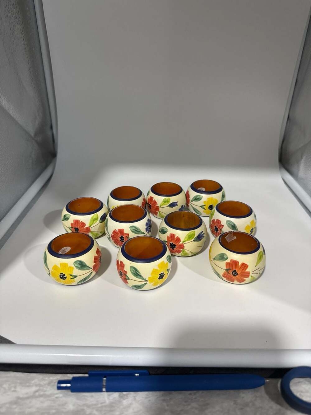 Set of 10 Vintage Hand Painted Floral Wooden Napkin Rings